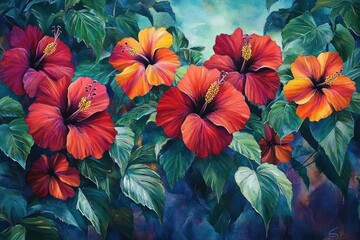 Canvas Print - A vibrant painting of hibiscus flowers in various colors surrounded by lush green leaves.