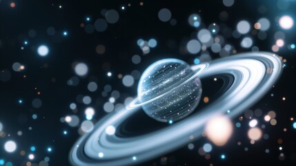 Wall Mural - gas giant planet with rings among sparkling particles image. amazing celestial body in dark cosmos p