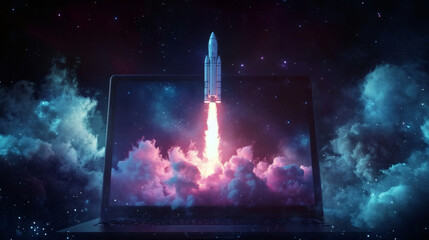 Poster - Laptop screen launching a rocket into a starry night sky with colorful nebulae, representing the launch of an online business and technological progress