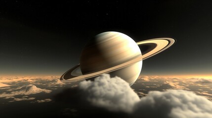 Wall Mural - gas giant with rings over fluffy clouds image. saturn like cosmic sphere in cloudscape photography s