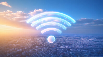 Poster - Wireless network and internet communication concept showing wifi symbol hovering above city during sunset