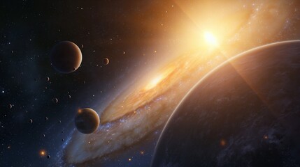 Wall Mural - planets silhouettes and bright galaxy image. breathtaking outer space bodies arrangement photography