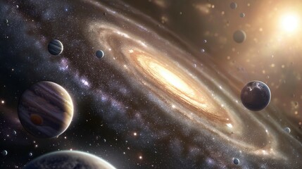 Wall Mural - flaring spiral galaxy and spheres in space image. celestial bodies cluster in dark expanse photograp