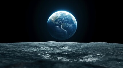 Wall Mural - planet earth in dark space view from satellite image. celestial body with atmosphere observing from 