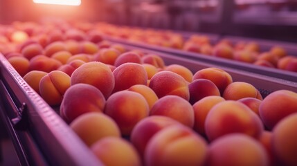 Poster - Fresh peaches fill trays in a processing facility as they await juicing. Workers efficiently prepare the ripe fruit, ensuring quality for juice extraction in a sunny, dynamic atmosphere.