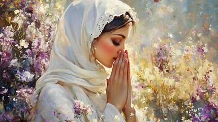 Wall Mural - Woman In White Praying Amidst Blossoming Flowers