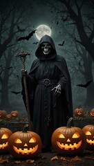 Sticker - Grim Reaper with pumpkins and bats for Halloween.