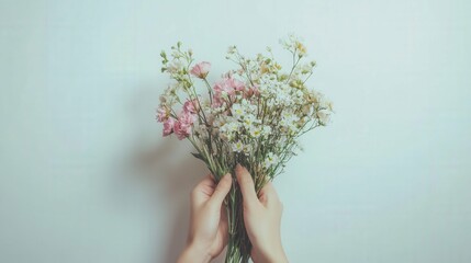 A pair of hands arranging flowers into a beautiful bouquet delicately placing each bloom