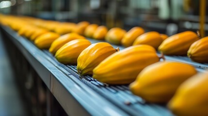Poster - Fresh yellow coconuts are lined up on a conveyor belt in a juice production facility. Workers prepare the fruit for juice extraction, ensuring quality and freshness in the production process.