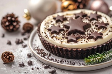 Wall Mural - Chocolate dessert tart decorated with stars and pine cones for a festive celebration