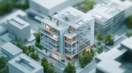 Poster - A contemporary real estate building features expansive glass walls and greenery on multiple levels. Its unique structure blends with the urban setting, showcasing a vibrant and inviting atmosphere.