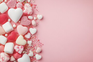 Wall Mural - Colorful heart shaped candies and sweets create a delightful arrangement on a pink background