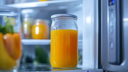 Poster - A jar filled with vibrant orange juice is placed prominently on a refrigerator shelf.