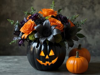 Wall Mural - Halloween-inspired flower arrangement with spooky accents.