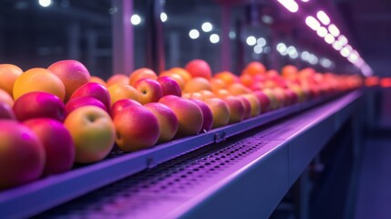Aufkleber - In a high-tech juice production facility, vibrant apples are meticulously sorted on a conveyor belt under soft purple lighting. Each apple is checked for quality as they move along the line.