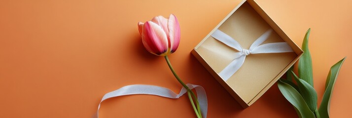 Wall Mural - Gift box and tulip on an orange background create a warm and inviting atmosphere for spring