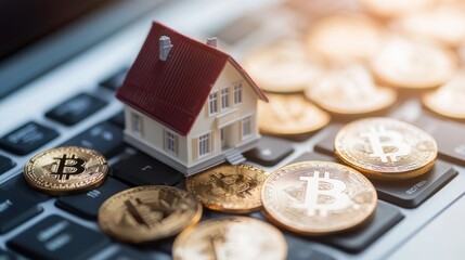 Poster - A miniature house sits atop a laptop keyboard surrounded by various coins symbolizing cryptocurrency, illustrating the intersection of real estate investment and digital finance in modern markets.
