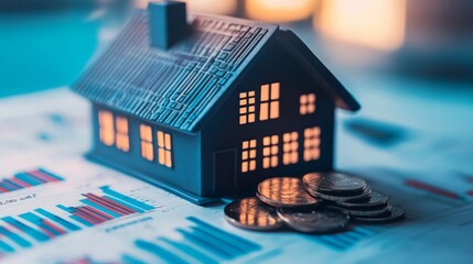 Aufkleber - A model house illuminated from within sits beside a stack of coins on a financial analysis report featuring graphs and charts. This setting highlights the intersection of technology and real estate.