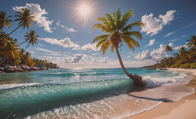Fototapete - Palm tree is on the beach next to the ocean. The water is blue and the sky is clear