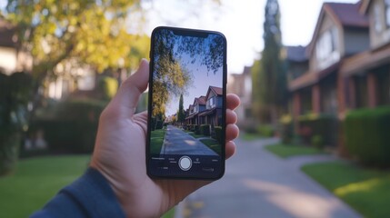 Poster - A hand holds a smartphone displaying a picturesque suburban street with trees and homes. The image highlights the ease of using AI tools for real estate insights and property evaluation.