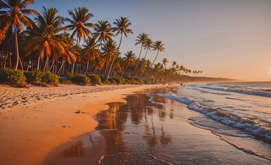 Poster - Beach with palm trees and a sunset in the background. The water is calm and the beach is empty