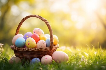 Happy Easter. Nest filled with vibrant, hand-painted Easter eggs surrounded by delicate spring flowers, bathed in warm sunlight. A picturesque celebration of Easter and the beauty of spring