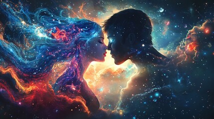 here's a description of the image following your specifications cosmic lovers embrace amidst nebulae