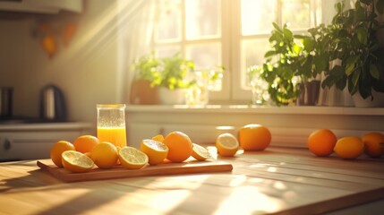 Poster - Bright sunlight fills a cozy kitchen where a juicer sits beside fresh oranges. Sliced fruit and a glass of juice are arranged on a wooden table, showcasing the joyful process of juice making.