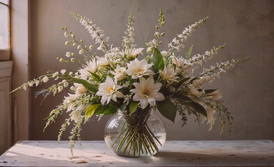 Poster - Vase of white flowers sits on a table. The flowers are in a clear vase and are arranged in a way that they are all facing the same direction