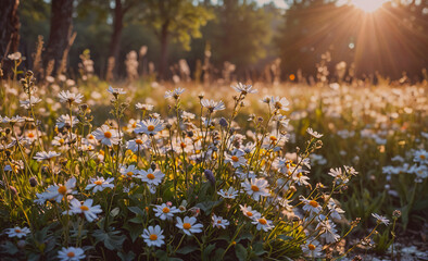 Poster - Field of white flowers with the sun shining on them. The sun is in the background. There are many flowers in the field