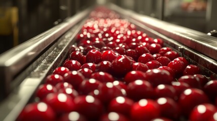 Poster - Bright red cherries move along a conveyor belt in a fruit processing facility, preparing for juice extraction. The bustling environment showcases the journey from harvest to production.