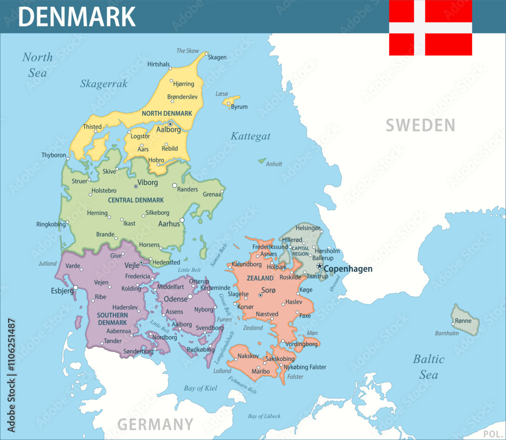Denmark Map Vector New 2024 Colorful - Customizable layered political ...