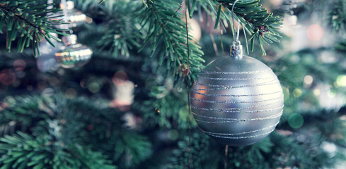 Wall Mural - Silver Christmas ball hanging on fir tree against blurred festive lights.