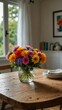 © claudunia - Homey atmosphere with a wooden table and colorful flowers.