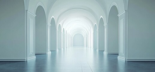 Long, bright hallway with arched ceilings and columns.