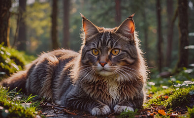 Cat is laying on the ground in a forest. It has a long tail and is looking at the camera