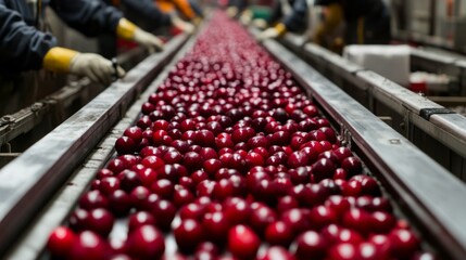 Fototapete - Fresh cherries are being sorted on a conveyor belt in a juice production facility. Workers in gloves handle the cherries carefully as they prepare for juicing, ensuring quality and freshness.