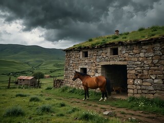 Wall Mural - Horse tied to a stone house in lush, green Armenia under cloudy skies.