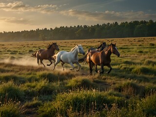 Wall Mural - Horses galloping in fields.