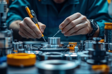 Fototapete - Quality controller meticulously examines precision components in a workshop