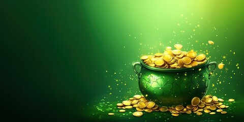 Golden coins in green pot with shamrock for st. patrick's day celebration