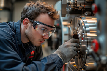 Fototapete - Engaged lathe operator working with precision in a machine shop