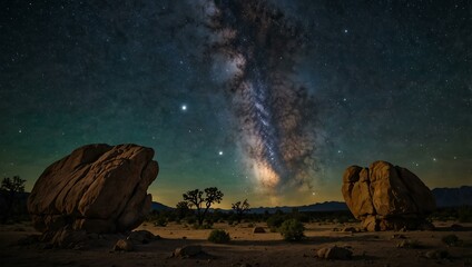 Huge boulders and trees under the Milky Way.