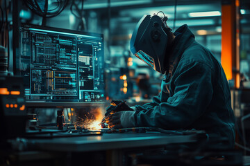 Aufkleber - Modern welder crafting precision work in a high-tech workshop environment