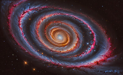 Wall Mural - Spiral galaxy with a red and blue swirl. The spiral is very large and is surrounded by stars