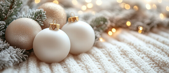 Wall Mural - christmas white ornaments and spruce tree close up, bokeh lights background. merry christmas and hap
