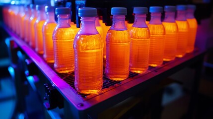 Leinwandbilder - Rows of bottled juice glow with a bright orange hue as they move along a conveyor system in a modern production facility. The illuminated environment enhances the vibrant colors of the beverages.