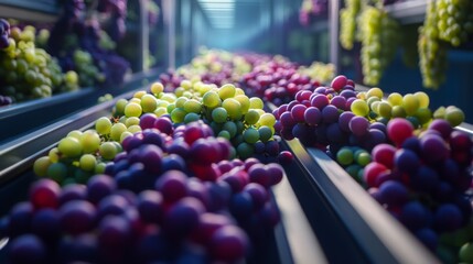Poster - Freshly harvested grapes in varying colors are spread out on conveyor belts inside a lively production facility. The bright light enhances the natural hues of the grapes, showcasing their freshness.