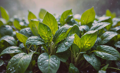 Poster - Bunch of green plants with raindrops on them. The plants are in a garden. The leaves are wet