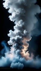 Wall Mural - dense, white smoke rising against a pitch-black background, illuminated by subtle blue highlights cr